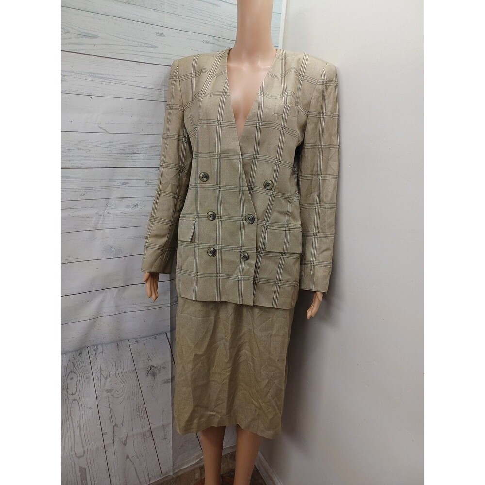 Vtg Stirling Cooper Skirt Suit Sz 12 Blazer Beige Y2K Windowpane Double Breasted